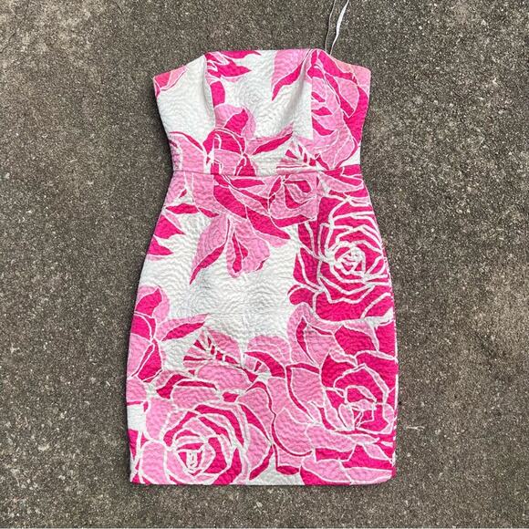 Lilly Pulitzer Pink White Strapless Silk Blend Sheath Dress Brocade Jacquard 6 - Picture 1 of 10